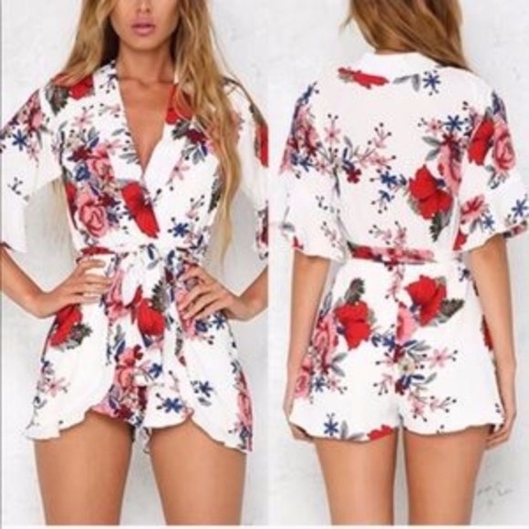 Pants - Romantic Floral Low Cut Deep V Romper